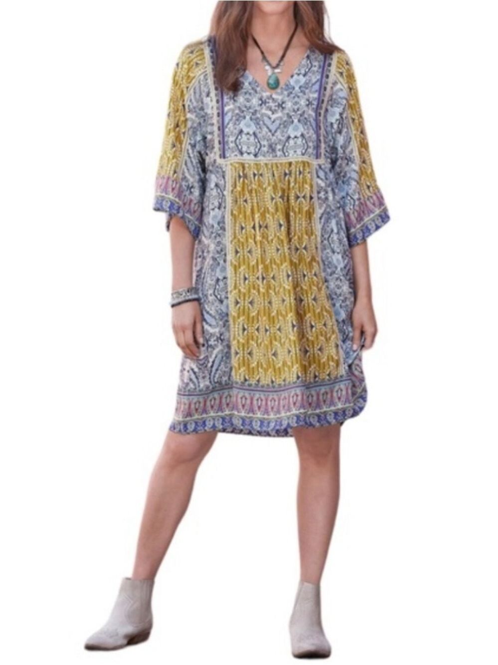 Sundance Terraza Dress in Blue and Gold Floral Print 3/4 Sleeves Medium - Picture 2 of 11